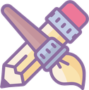 A pencil and a paintbrush crossed over each other in a cute, flat, colorful style.