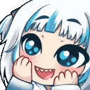 Gawr Gura with wide blue eyes and a toothy grin looking amazed.