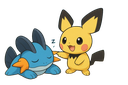 Pichu pats a sleeping Mudkip on the head in a gentle and friendly gesture.