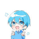 Anime boy with blue hair smiling and holding up two peace signs.