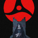 Itachi Uchiha sitting on a throne with a large red Sharingan eye symbol in the background.