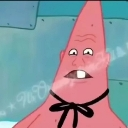 Patrick Star with a confused expression and a bow tie in the style of Beavis and Butt-Head.