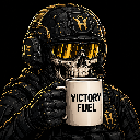 A tactical soldier wearing a skull mask and helmet drinks from a white mug labeled Victory Fuel.