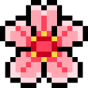 Sakura flower rendered in a bright pink and red pixel art style on a black background.