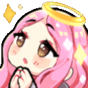 Anime girl with pink hair and a golden halo clasping her hands together in a hopeful gesture.