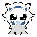 A white pixel art cat wearing a blue sailor hat with large, glossy eyes and blue tears streaming down its face.