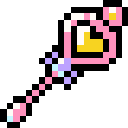Magical wand with a heart-shaped head and sparkling effects in pixel art style.