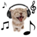 A brown cat wearing black headphones singing with its mouth wide open, surrounded by floating musical notes.