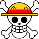 Skull wearing a yellow straw hat with a red band over crossed bones.