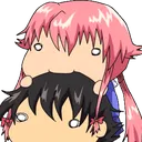 Yuno Gasai with pink hair playfully biting the top of Yukiteru Amano's head.