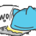 Capoo the blue character aggressively typing on a laptop keyboard.