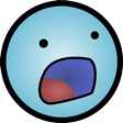 Blue circular face with a wide-open gaping mouth and simple dot eyes expressing extreme shock.
