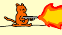 An orange cat holding a flamethrower and shooting a large burst of fire.