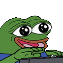 Peepo the frog typing happily on a keyboard with wide, excited eyes.