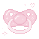Pink pacifier with sparkles and a heart icon in pixel art style.
