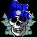 A skull wearing a blue beanie and an eye patch, framed by stacks of paper money against a black background.