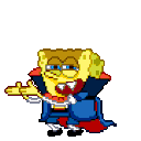 SpongeBob dressed as a vampire with fangs and a cape, surrounded by magical green energy and bats.