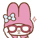 My Melody wearing glasses and looking unimpressed with a blue bow on her head.