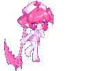 A cute pixel art nurse with pink hair and a scythe blows a pink heart kiss.