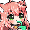 A cute anime cat girl with pink hair and green eyes calmly drinking from a cup with a straw.