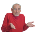 Elderly man wearing a red sweater shrugging his shoulders with a confused expression.