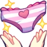 Hands reaching up to snatch a pair of frilly pink and purple underwear decorated with a heart and surrounded by magical spar…