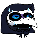 SCP-049 wearing a white plague doctor mask with blue eyes and sweat drops falling down in panic.