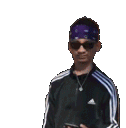 Person wearing a purple bandana and sunglasses in a black track jacket looking cool.