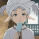 Aeliisa from Frieren eating a blue popsicle with a bored and serious expression.