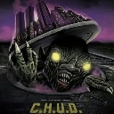 A monstrous creature with glowing yellow eyes emerges from a city-covered manhole cover.