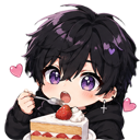 Anime boy with messy black hair eating a slice of strawberry cake with a spoon while surrounded by floating pink hearts.