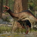 Dinosaur with its mouth wide open in a loud, aggressive roar in a forest setting.