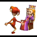 A jester in a red and orange outfit bows before a princess wearing a crown while she sits on a throne.