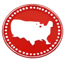 United States map silhouette inside a circular red badge.