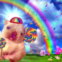 Yippee creature wearing a rainbow beanie holding two lollipops under a rainbow.
