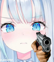 Anime girl with blue hair and eyes pointing a handgun directly at the viewer.