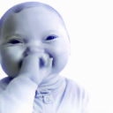 Baby with a wide, unsettling grin and a blue tint.
