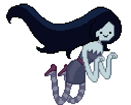 Marceline the Vampire Queen floating with long black hair and a mischievous grin in a pixel art style.