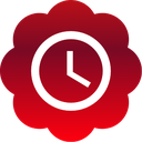 Clock face with white hands on a red scalloped circular background.