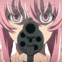 Yuno Gasai from Future Diary aiming a revolver directly at the viewer with a wide-eyed, intense expression.