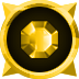 A faceted gold gemstone centered inside a dark circular frame with a gold border.