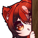 A red-haired anime character with animal ears peeking shyly from behind a wooden surface.
