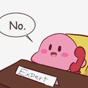 Kirby sits at a desk with an expert sign and a telephone, saying no.