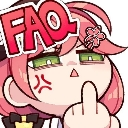 Anime girl with pink hair looking annoyed and giving the middle finger with a red FAQ label above her.
