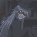 The Undertaker from Black Butler with long gray hair and a top hat, wearing a wide, unsettling grin with glowing green eyes.