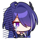 Anime character with purple hair crying a single tear with dramatic motion lines in the background.