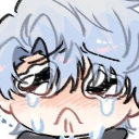 Anime boy with blue hair crying with exaggerated tears and a pouting expression.