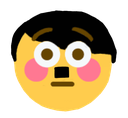 A yellow cartoon face with wide eyes, rosy pink cheeks, and a small black mustache looking surprised.