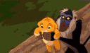 Rafiki holds baby Simba high above his head on Pride Rock in a pixelated animation.