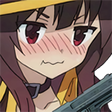 Megumin from Konosuba with a blushing, annoyed expression holding a handgun.